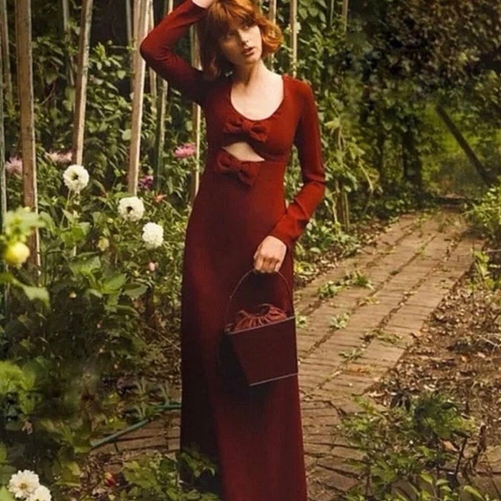 Staud Lido Womens Red Double Bow Cut Out Long Sleeve Maxi A-Line Gown Dress Sz 8 - Picture 3 of 11